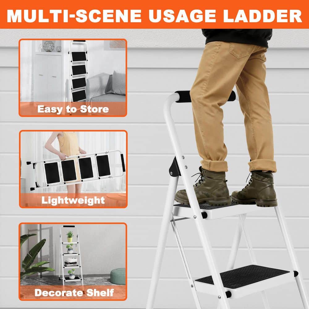 maocao hoom 4 ft. Reach 4-Step Metal Ladder Foldable Non-slip Ladder Loading 550 lbs. for Home, Kitchen, Office, White Step Stool (2)
