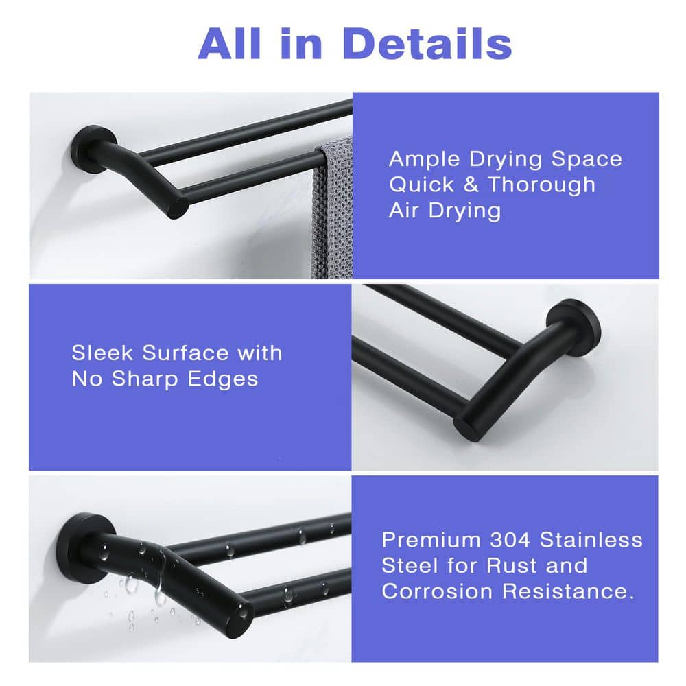 ATKING Bathroom 24 in. Wall Mounted Double Towel Bar Towel Holder in Matte Black (3)