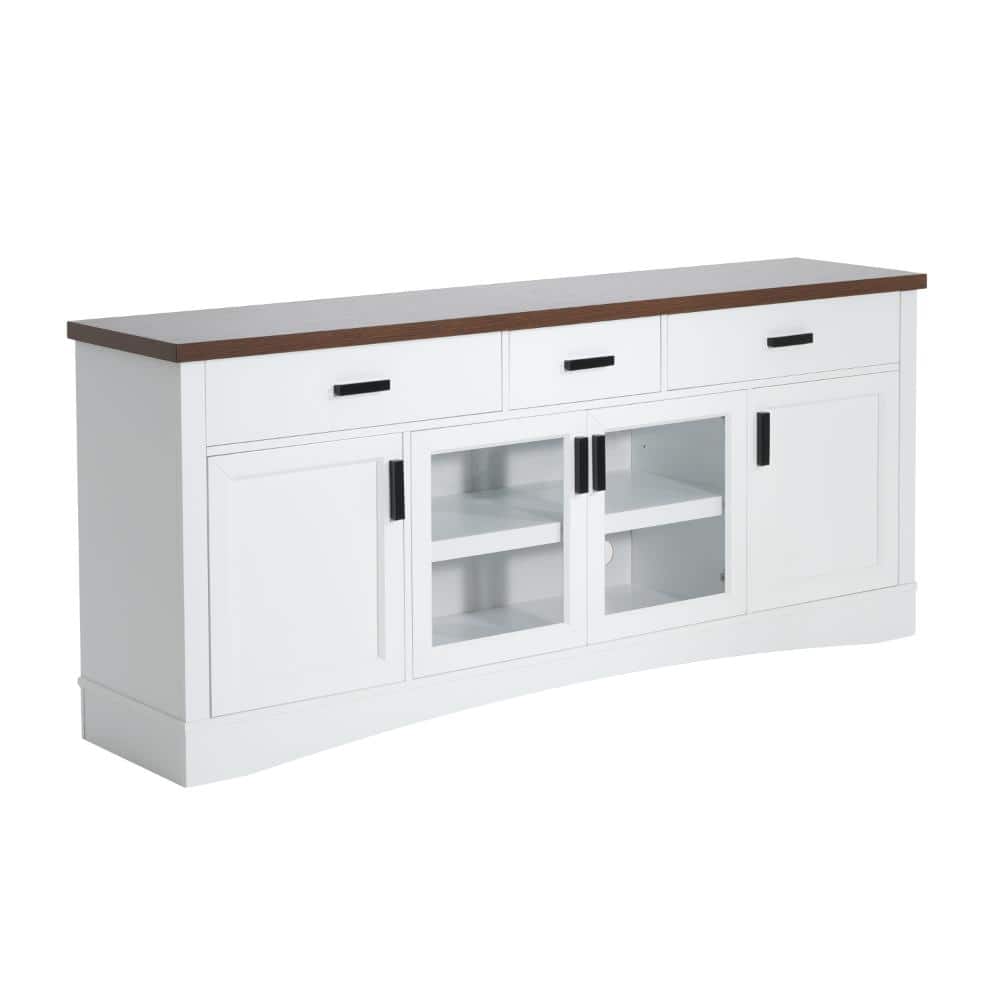 COWLOWN 67 in. W x 15.5 in. D x 29.25 in. H White Linen Cabinet with TV Stand, Glass Doors & Storage Drawers, Adjustable Shelves (1)