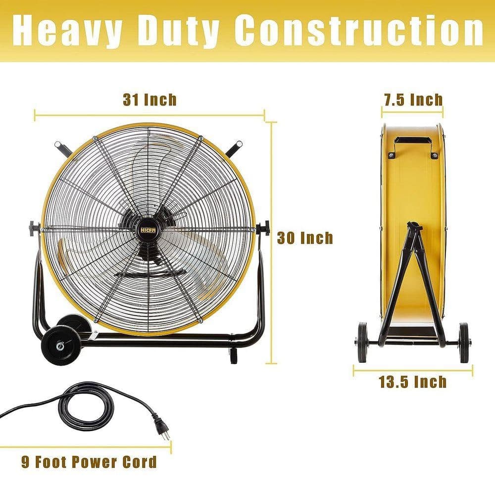 WOCK HICFM 24 in. Yellow Industrial Drum Fan, 8300 CFM High Velocity 3-Speed Metal Fan for Basement, Warehouse, Factory (3)