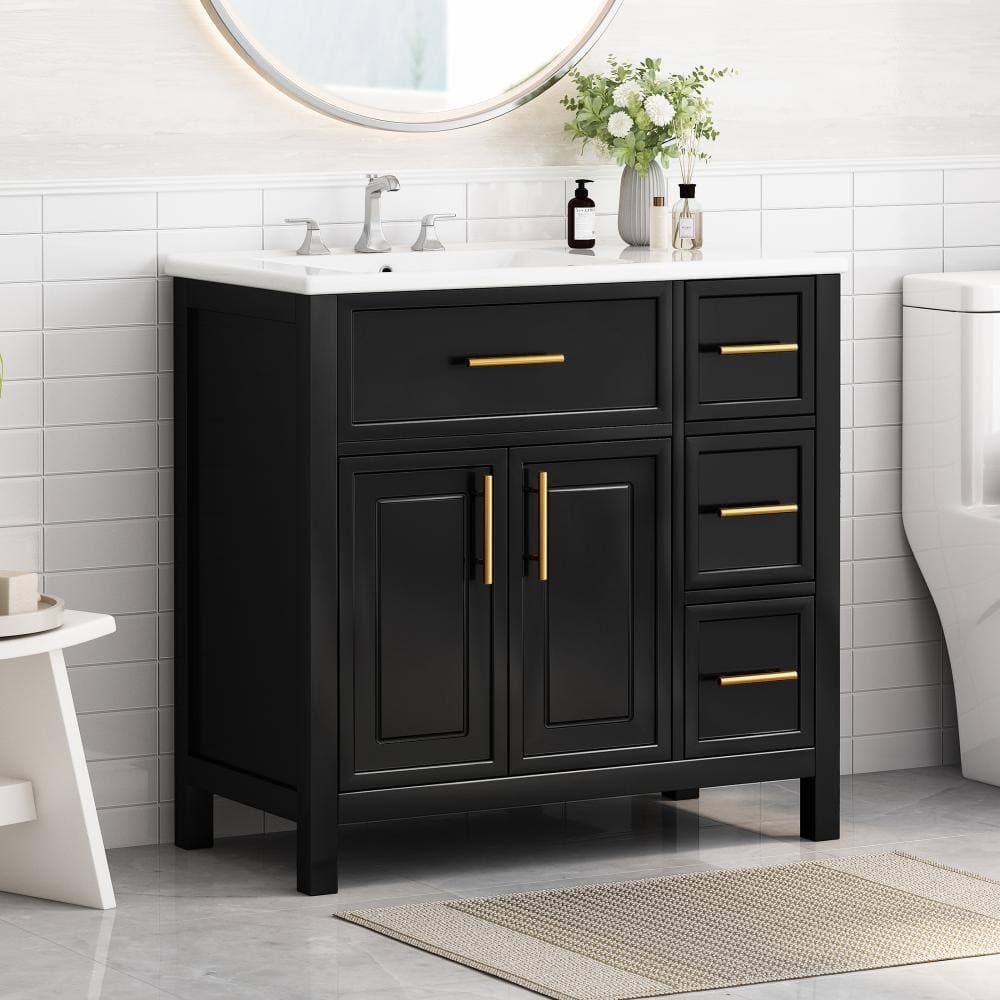 Flynama 36" Black Vanity Sink, 2 Doors & 3 Drawers, Solid Wood+MDF, 1 Pack (2)