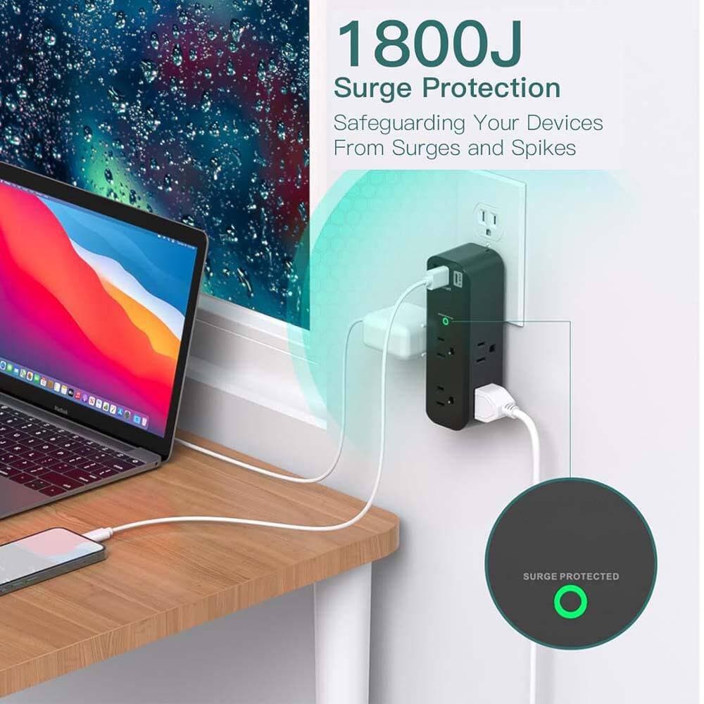 Yichuhaoxi 6-Outlet Extender with 2-Ports USB-A 1-Port USB-C Surge Protector with Rotating Plug 3-Sided Power Strip Black (2)