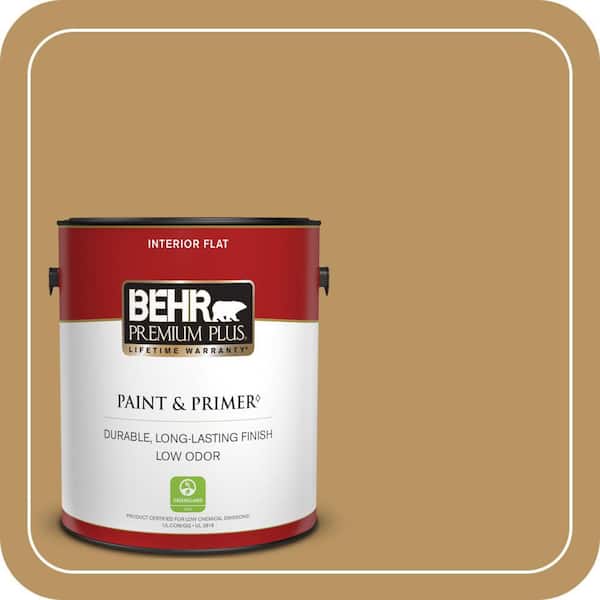 BEHR PREMIUM PLUS 1 gal. #S300-5 Spiced Mustard Flat Low Odor Interior Paint & Primer (2)