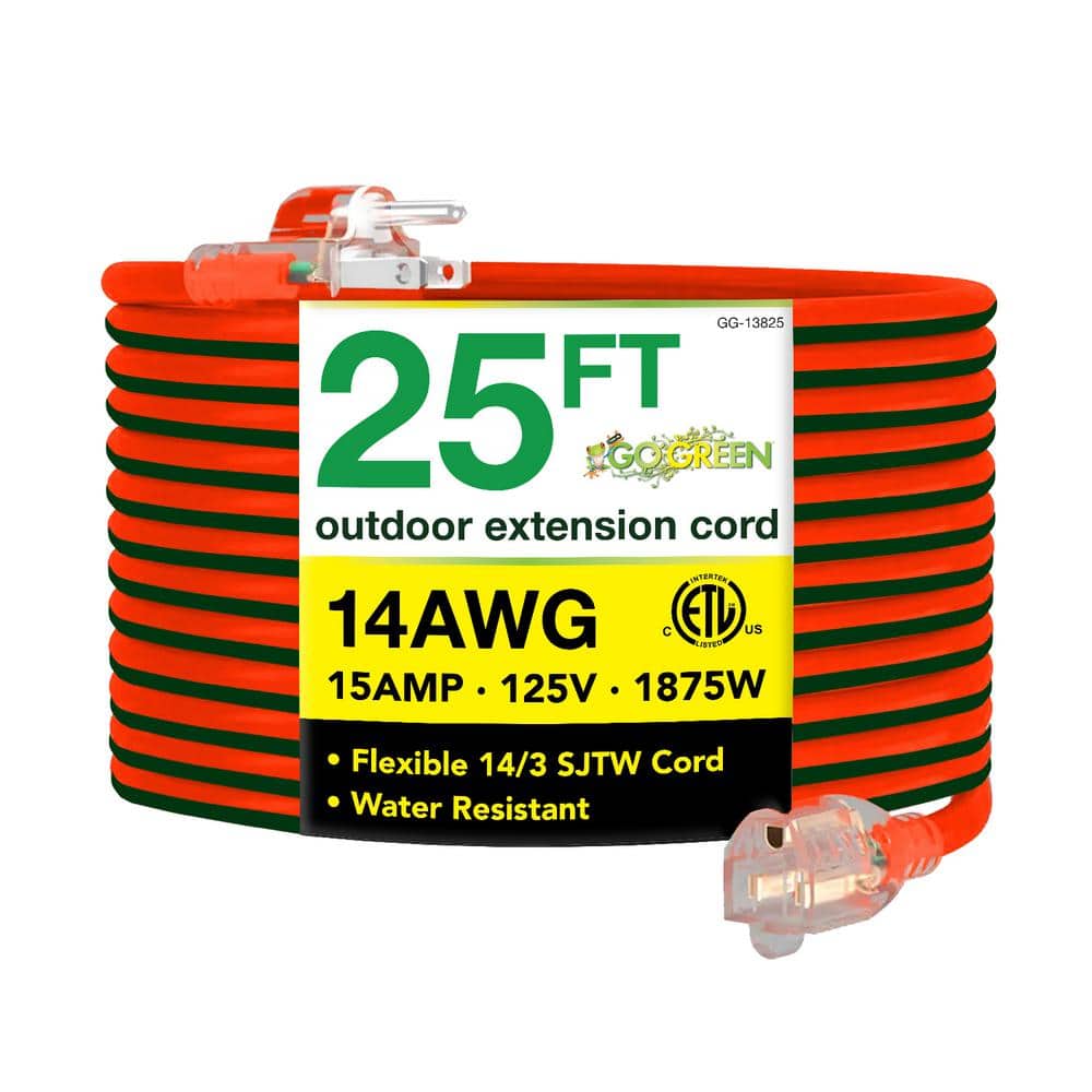 GoGreen Power 14/3 SJTW Outdoor Extension Cord, with Lighted Green End