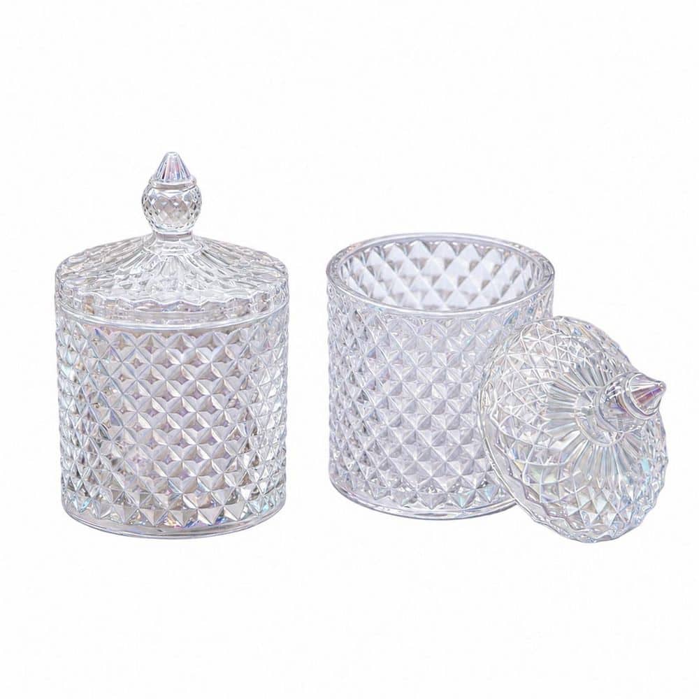 KHKFY Set of 2 Glass Cotton Swab and Accessory Holders with Diamond-Faceted Walls 3.35 x 5.5 in. MEICHUANG 2-Pieces (1)