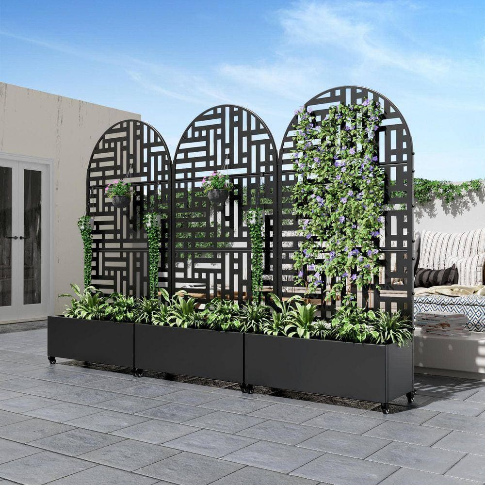 Lirago 72 in. H x 35 in. W Arch Black Outdoor Metal Privacy Screen Planter Box Wall Decor in Street Pattern (3)