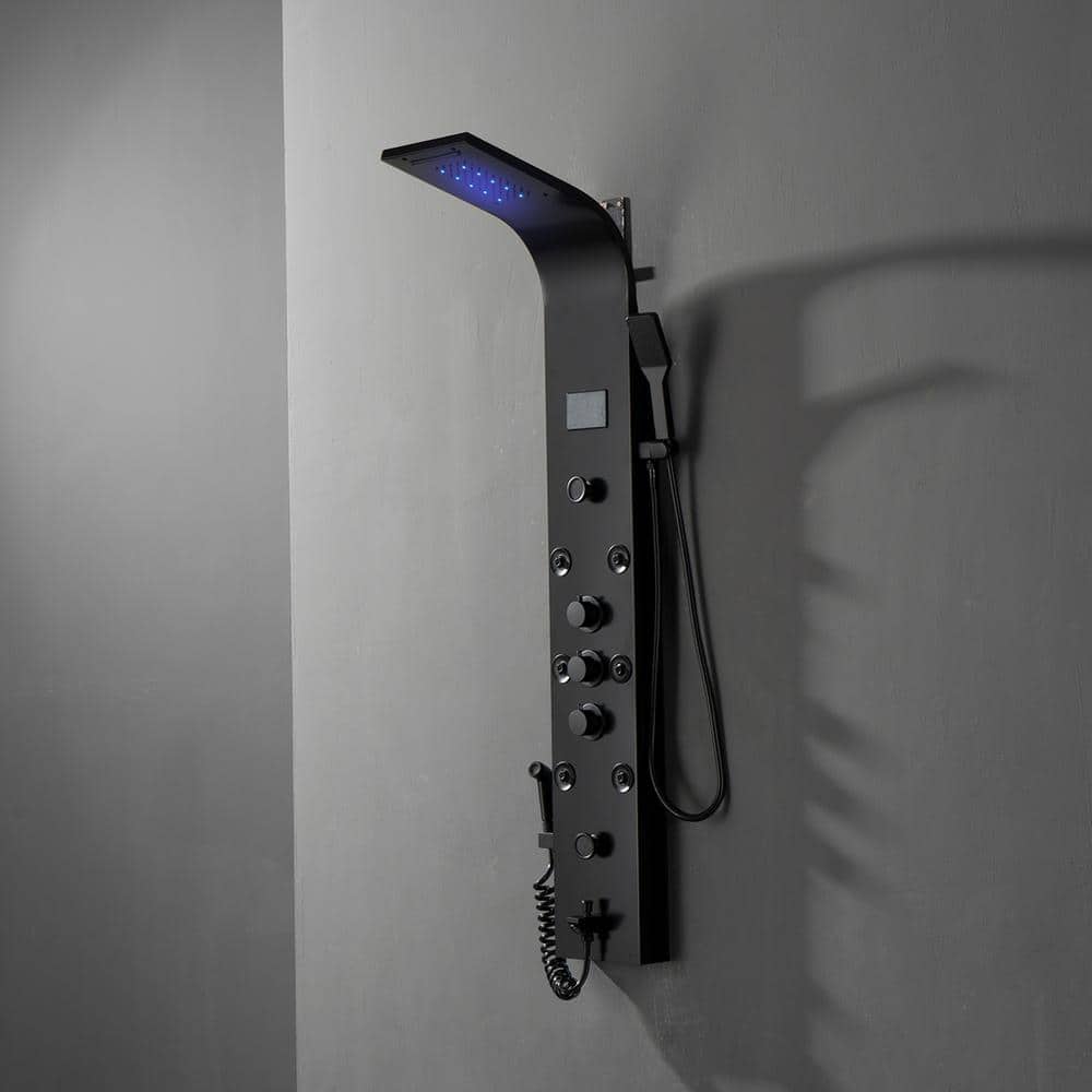 HOMEMYSTIQUE Dual 5-in-1 8-Jet Rainfall Shower Panel System with Waterfall Shower Head and Shower Wand With LED Light in Black (2)