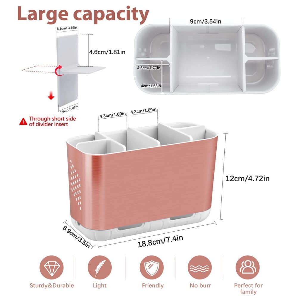 Wudkey Toothbrush and Toothpaste Holder Drainage for Bathroom Countertop with Adjustable Dividers in Brush Nickel and Pink (2)