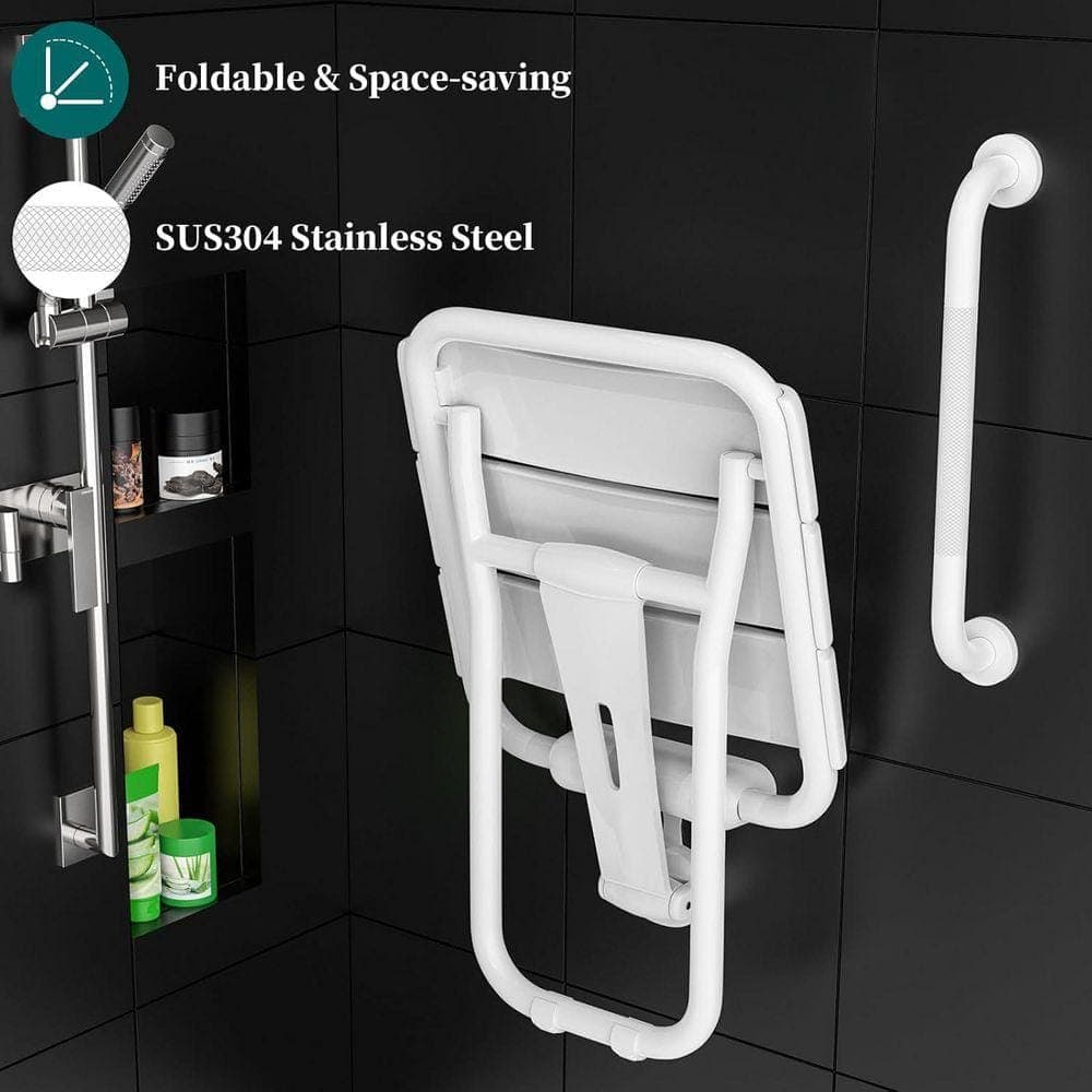 NTQ 14 in. x 16 in. ADA Teak Folding Shower Seat Folding Shower Chair for Elderly/Disabled in Brushed Stainless Steel (3)