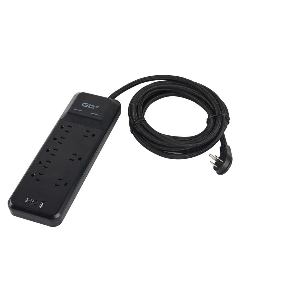Commercial Electric 12 ft. 8-Outlet Surge Protector Braided Cord with 1 USB-A and 2 USB-C, Black (3)