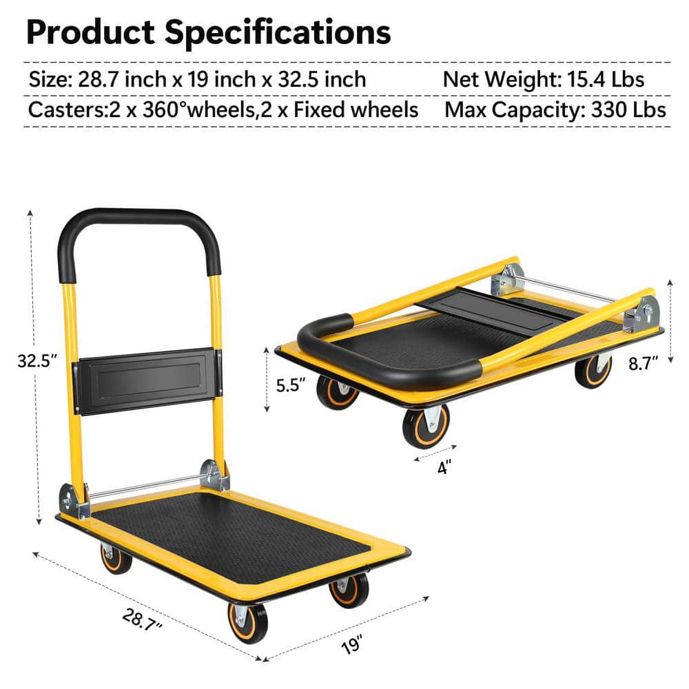 Tidoin 330 lbs. Capacity Yellow Heavy-Duty Moving Platform Hand Truck Cart (2)
