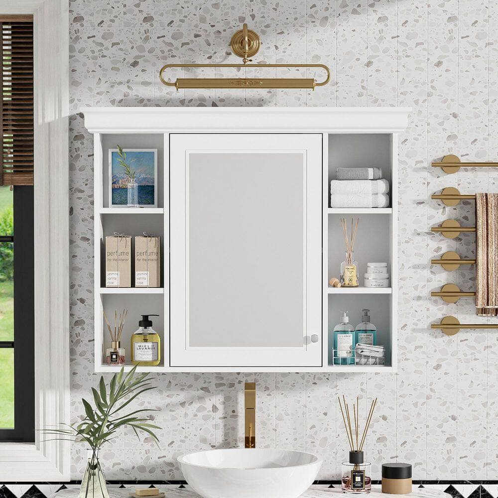 Tahanbath Classic 7.16 in. W x 35.50 in. D x 28.74 in. H Bathroom Storage Wall Cabinet in White with Mirror and 6 Open Shelves (2)