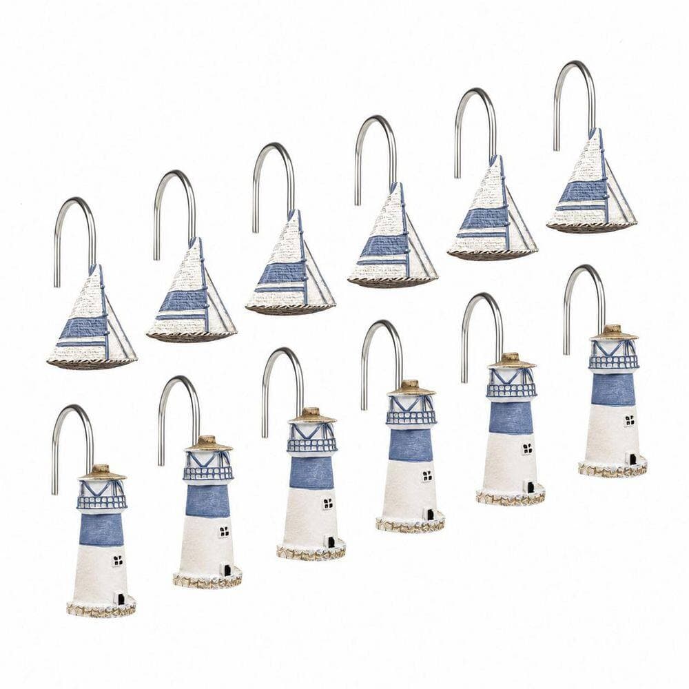 KHKFY Coastal Resin Shower Curtain Hooks (Set of 12), Blue Lighthouse Sailboat Nautical Rings, 2 Designs Included (3)