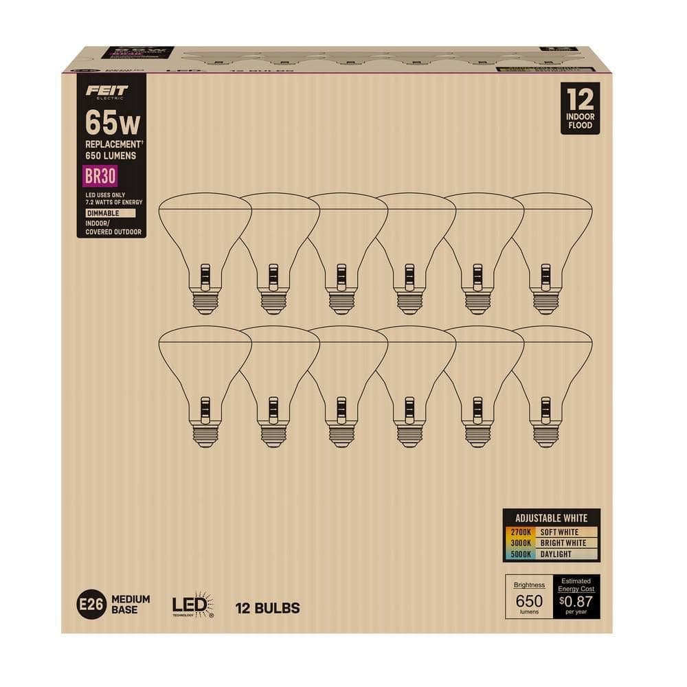 Feit Electric 65-Watt Equivalence BR30 Dimmable 90 CRI E26 LED Light Bulb Selectable Color temperature (2700K/3000K/5000K) 12-Pack (4)