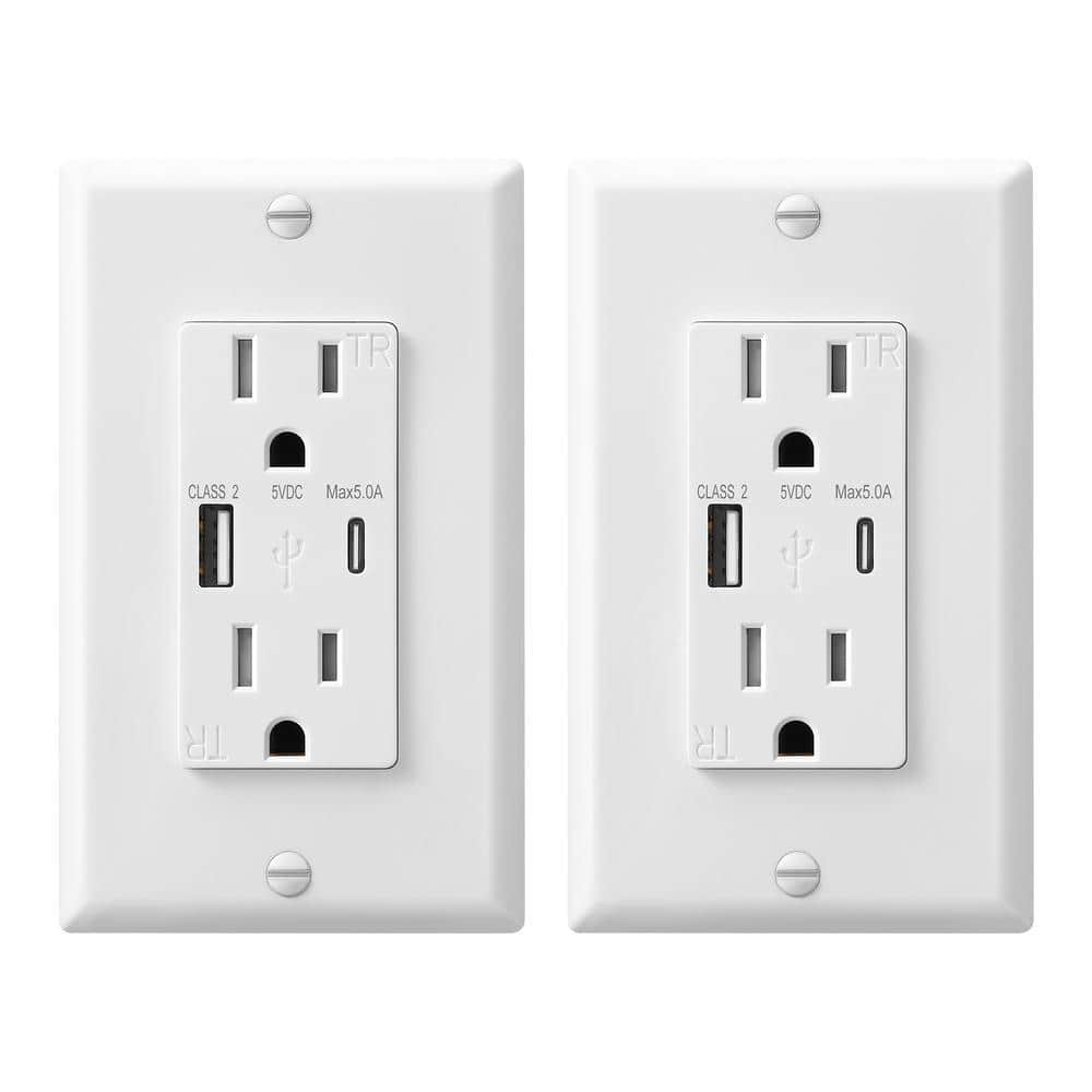 DEWENWILS White 15 Amp Tamper Resistant Receptacle Outlet with USB-A, USB-C Charger (2-Pack) (1)