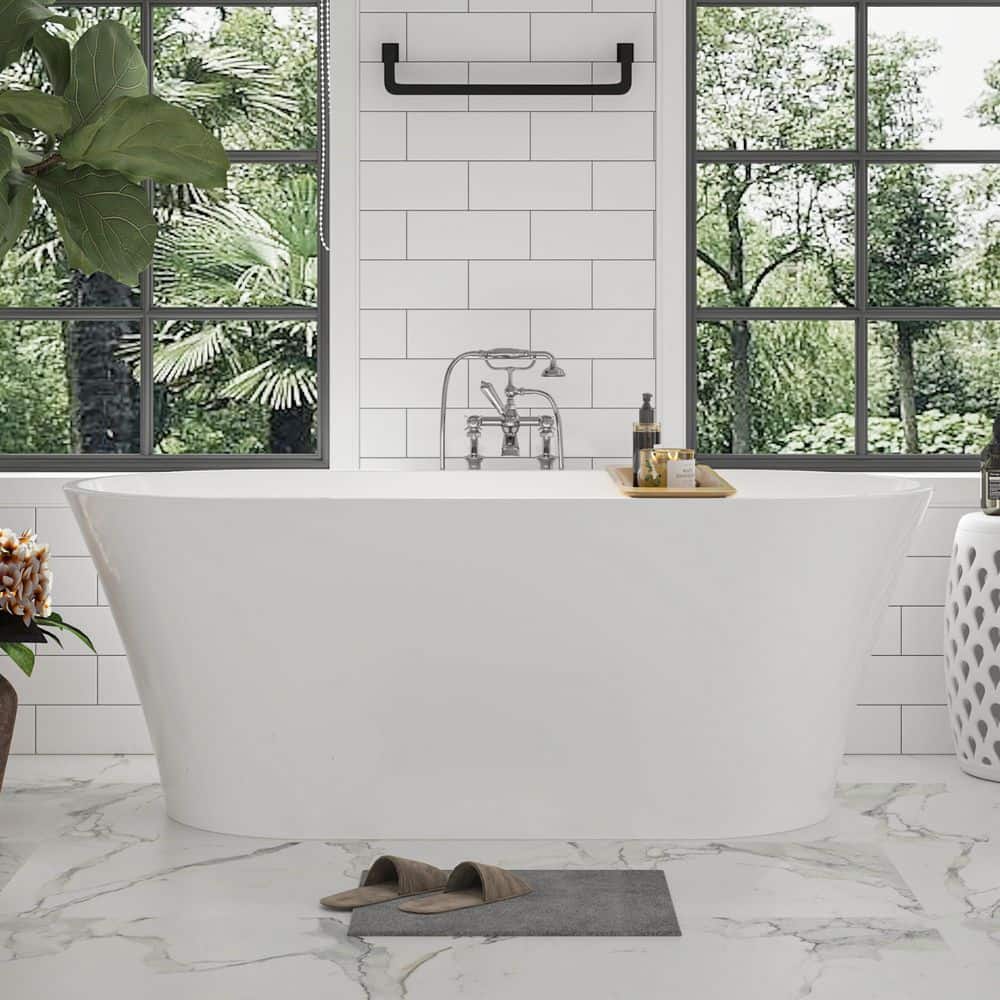 Vanity Art Antony 62 in. x 29.5 in. Acrylic Flatbottom Freestanding Soaking Bathtub with Center Drain in White/Polished Chrome