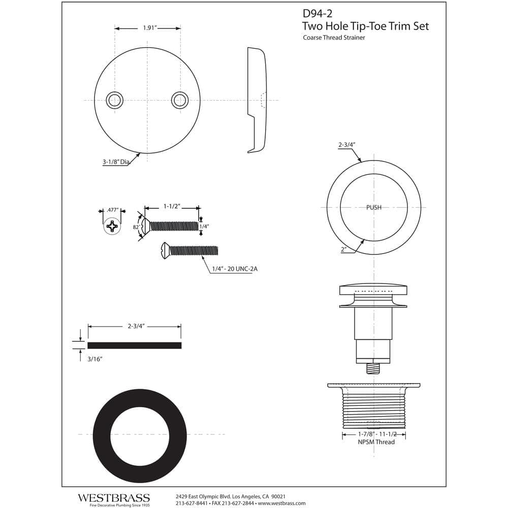 Westbrass 1-1/2 in. NPSM Coarse Thread Twist and Close Tub Trim Set with 2-Hole Overflow Faceplate (4)