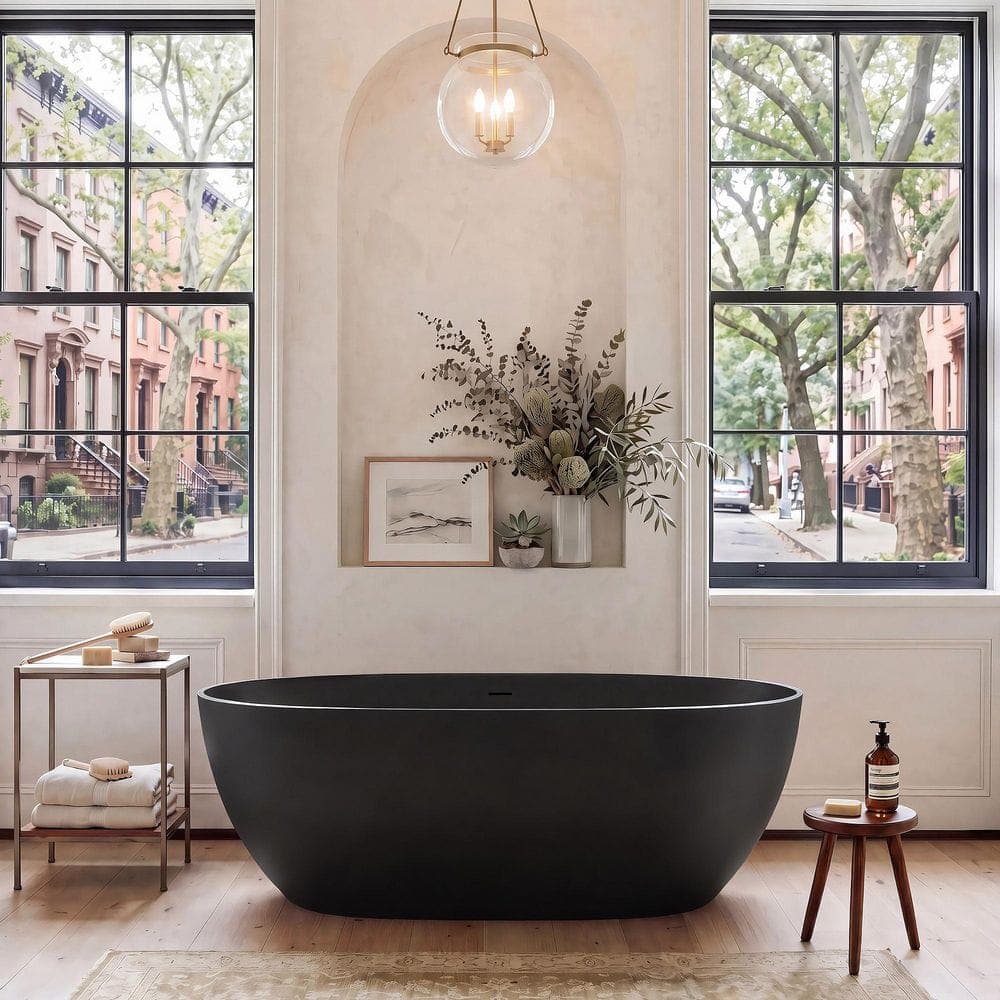 WOODBRIDGE 71 in. x 31.5 in. Solid Surface Stone Resin Soaking Bathtub with Center Drain in Matte Black (1)