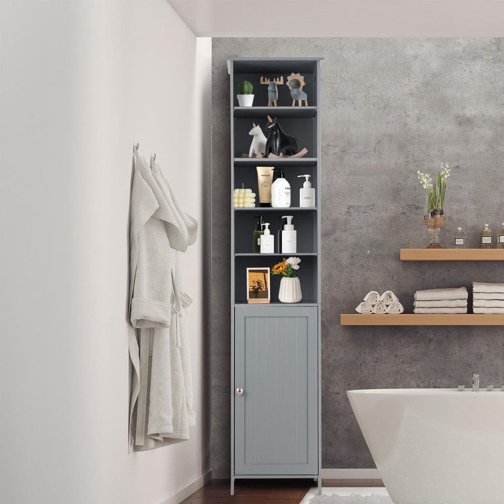 ANGELES HOME 16 in. W x 13.5 in. D x 72 in. H Gray Freestanding Tall Floor Bathroom Linen Cabinet with Door and Adjustable Shelves