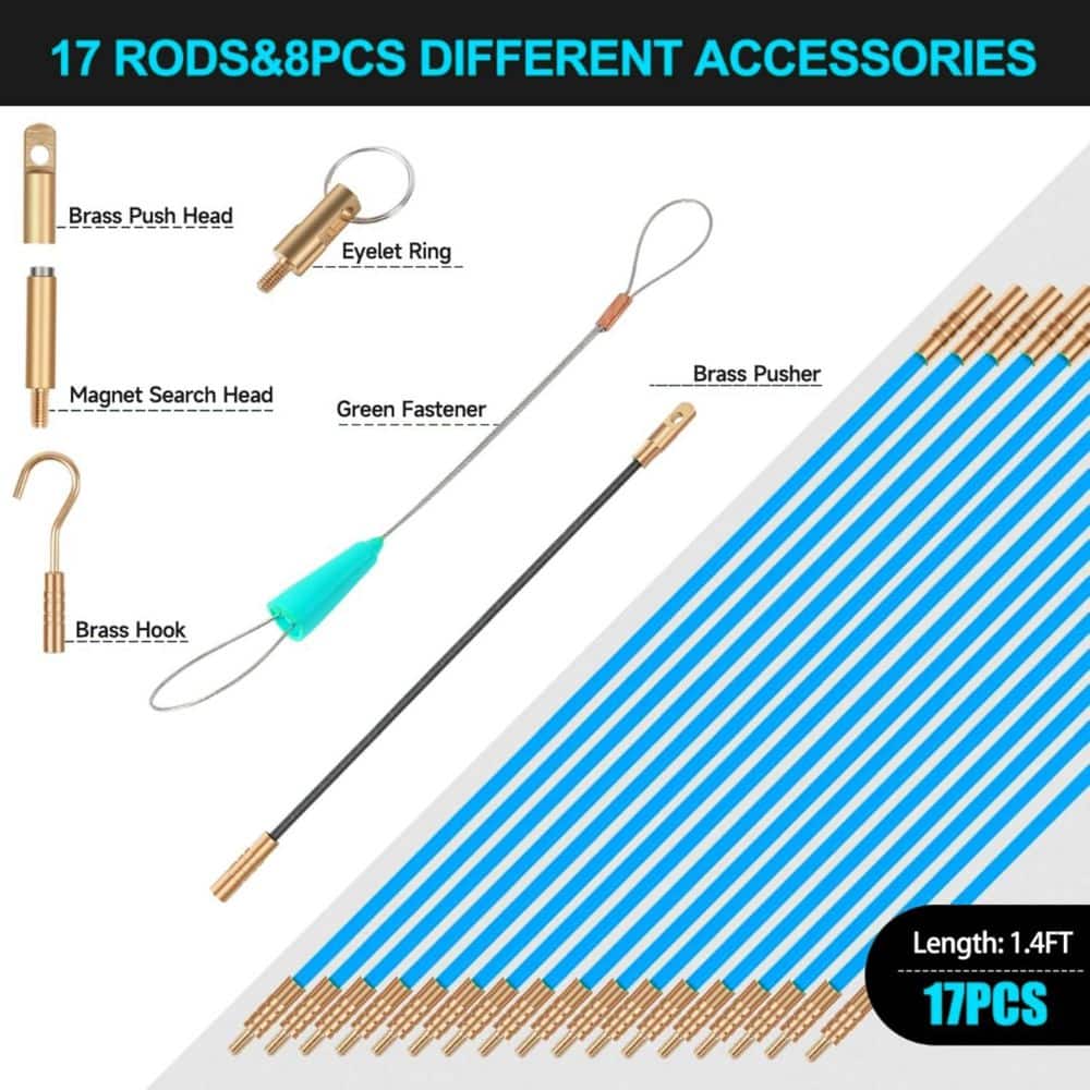 Yichuhaoxi 23.8 ft. Fiberglass Electrical Wire Cable Glow Rods Fish Tape Kit with 6 Attachments for Wire Pulling Blue (3)