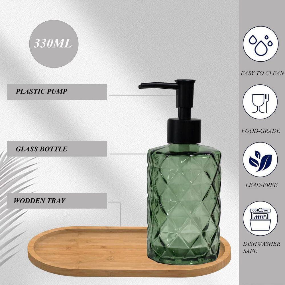Wudkey Luxury Bathroom Series Green Diamond 2-Pack Soap and Lotion Dispensers with Plastic Pumps and Bamboo Tray (3)