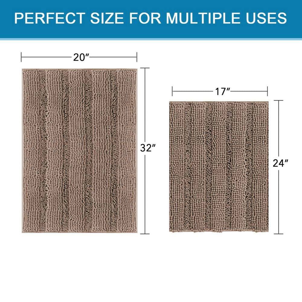 Wudkey 2-Piece 20 in. x 32 in. and 17 in. x 24 in. Chenille Striped Bathroom Rug, Non Slip Taupe Brown Bath Mat for Bathroom (2)