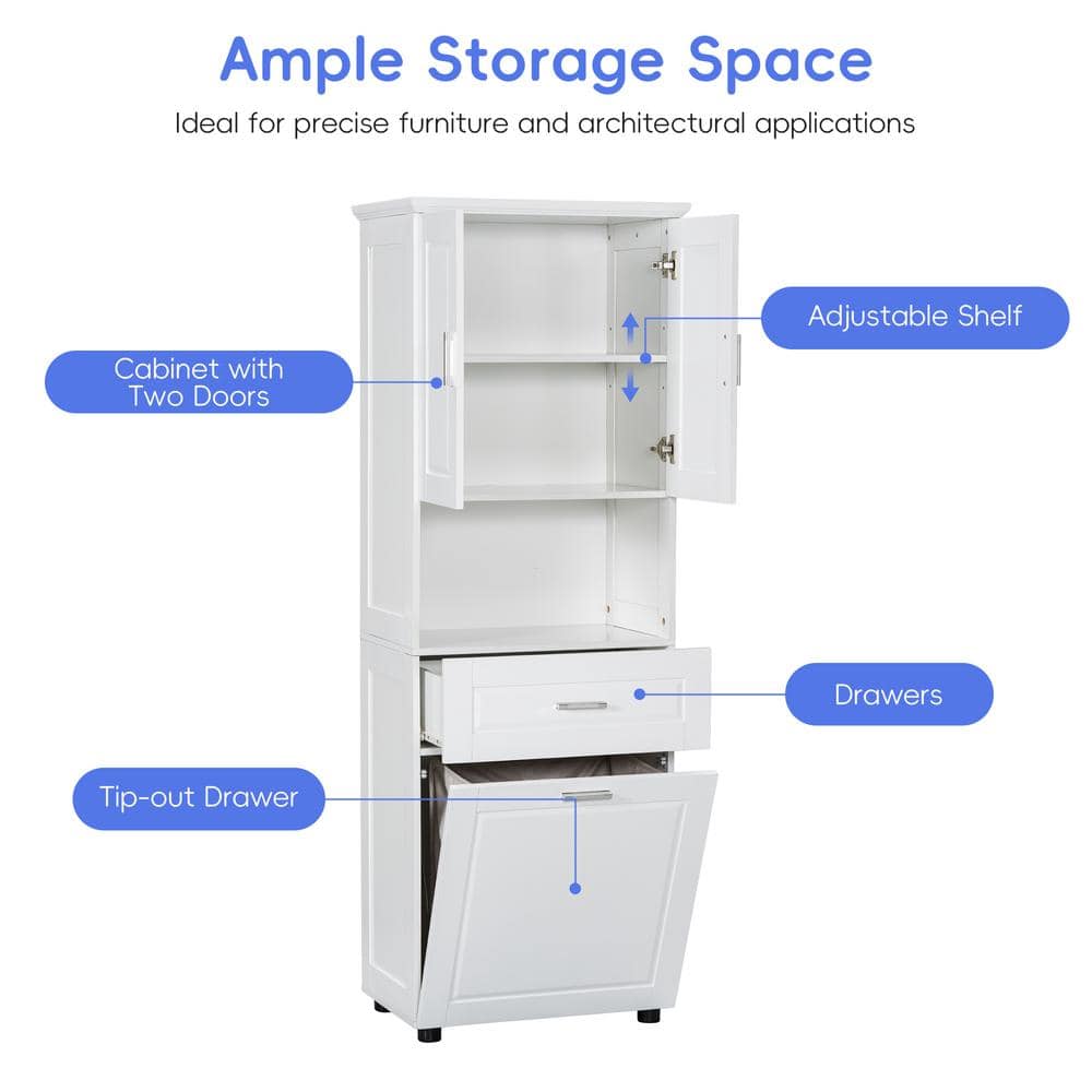 Unbranded 24.72 in. W x 16.29 in. D x 69.92 in. H White Bathroom Linen Cabinet with Laundry Basket and Upper Storage Cabinet (3)
