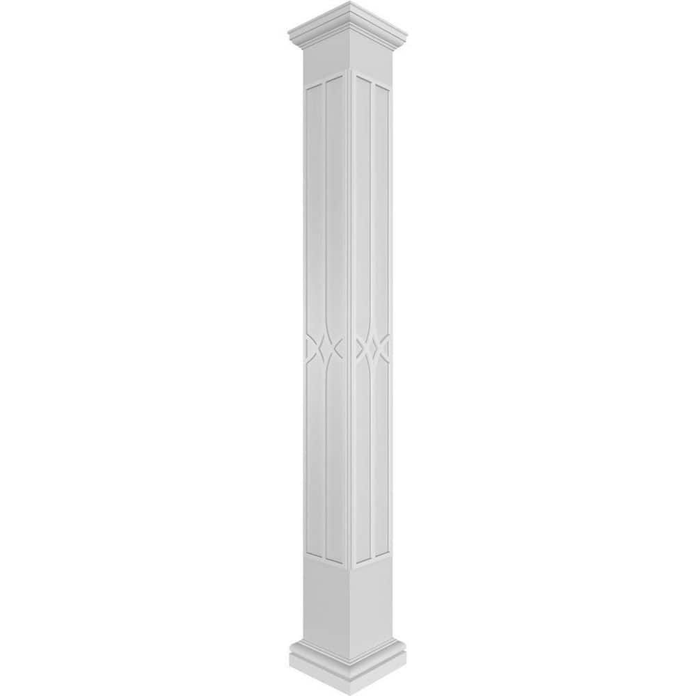Ekena Millwork 9-5/8 in. x 8 ft. Premium Square Non-Tapered Cedar Park Fretwork PVC Column Wrap Kit with Tuscan Capital and Base