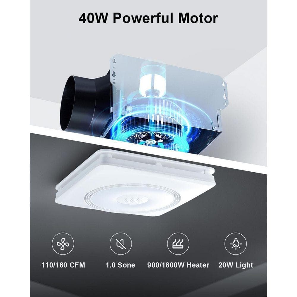 KIWDZFU 110/160 CFM Bathroom Exhaust Fan with Heater Bluetooth Speaker and Remote 9 Modes 3 Color Electric Powered Gable Mount (2)