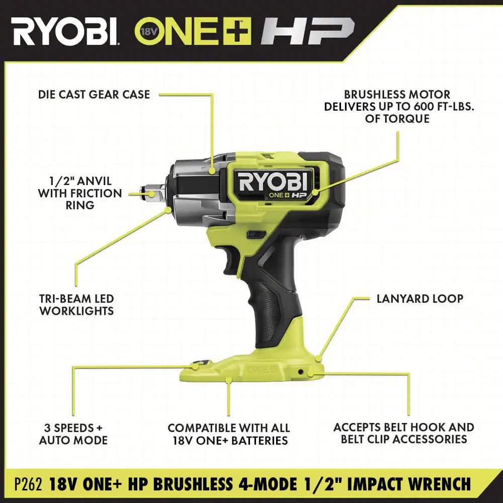 RYOBI ONE+ HP 18V Brushless Cordless 4-Mode 1/2 in. Impact Wrench (Tool Only) w/ 1/2 in. Metric Deep Impact Socket Set (11-PC) (2)