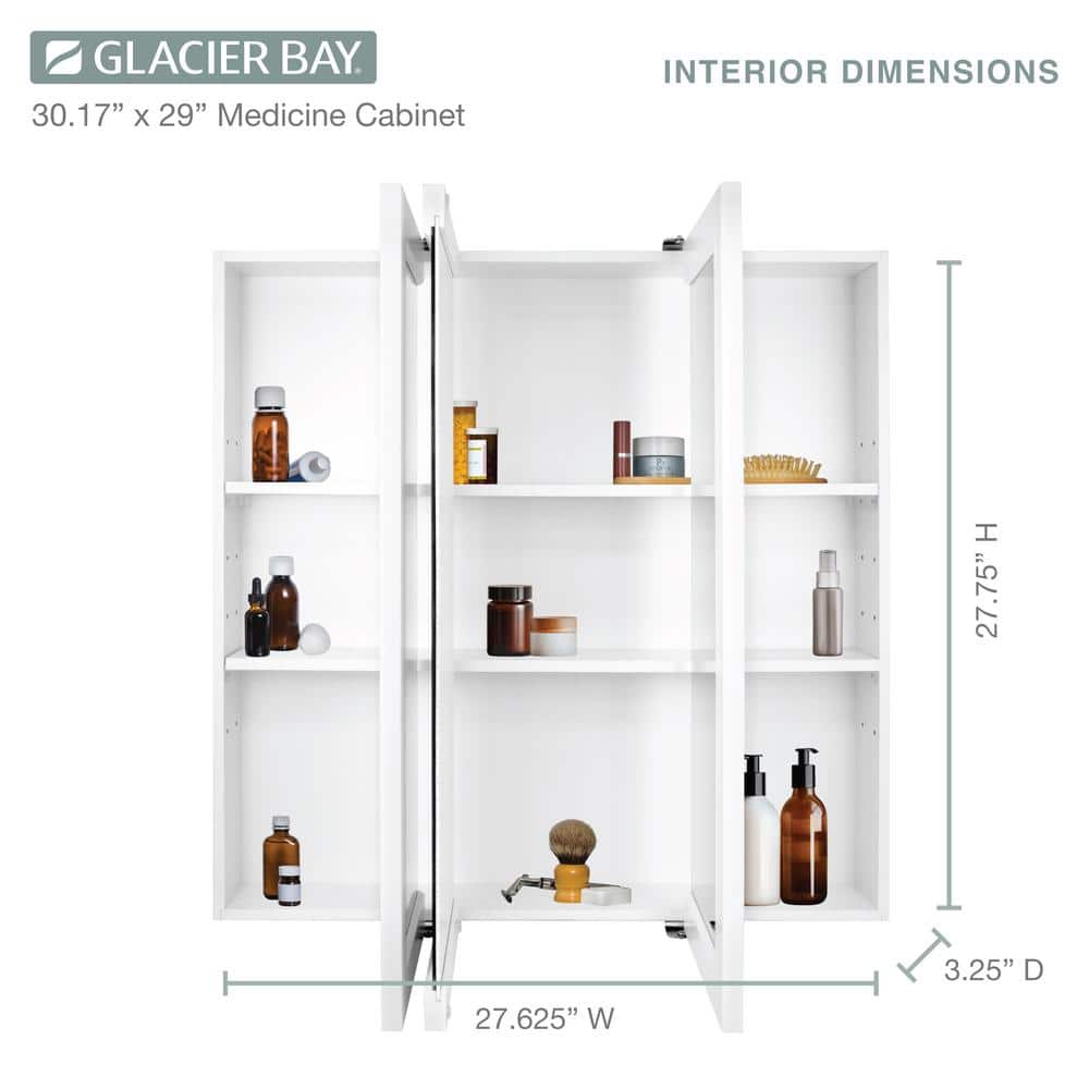 Glacier Bay 30-3/16 in. W x 29 in. H Framed Surface-Mount Tri-View Bathroom Medicine Cabinet with Mirror, White (4)