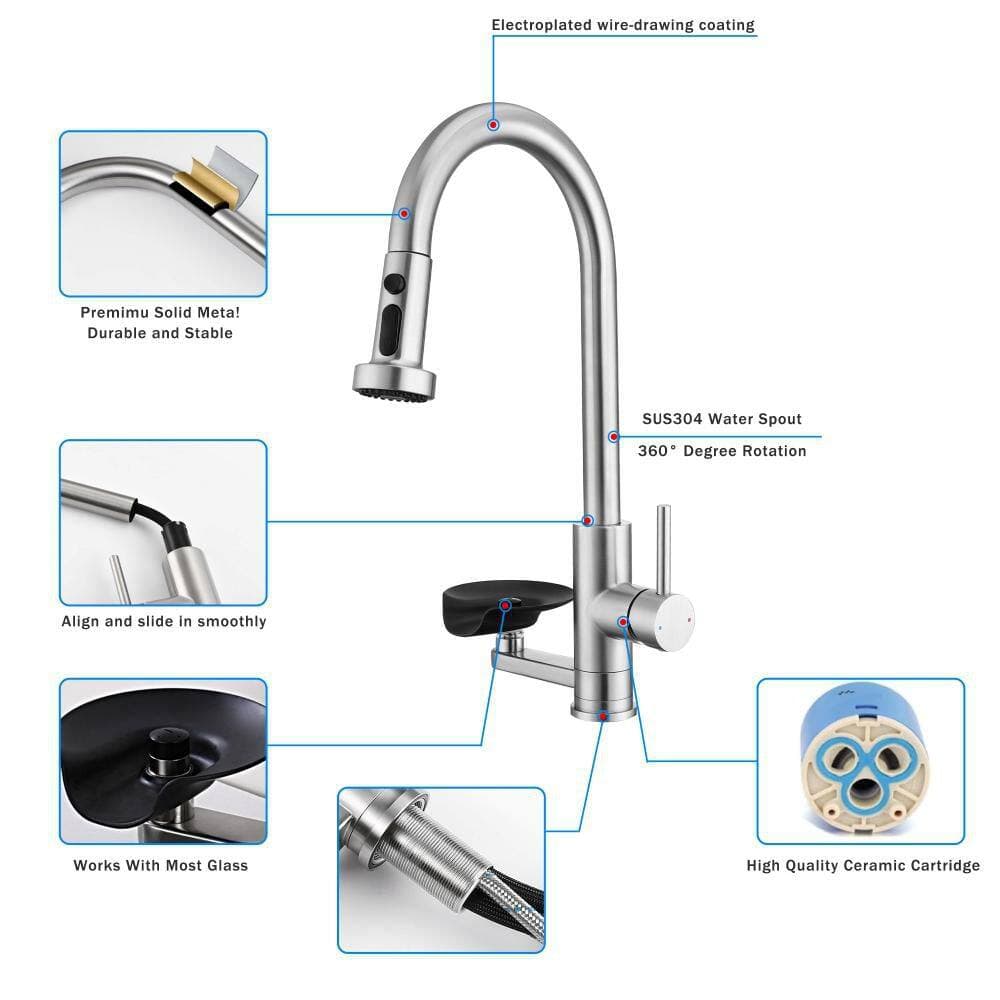 Unbranded 3 in 1 Kitchen Faucet with Press-Type Glass Rinser Pull-Down Sprayer Bath Accessory Set Brushed Nickel Finish 1 Piece (3)