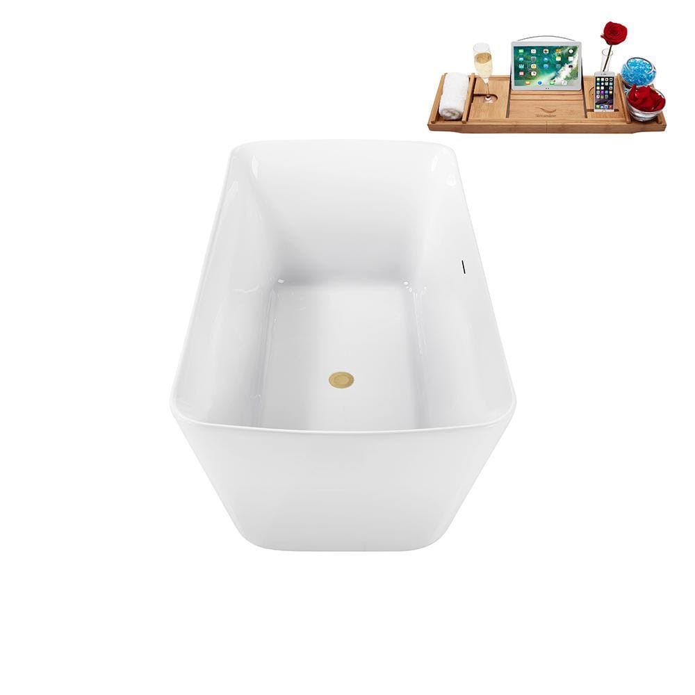 Streamline 59 in. 28 in. Acrylic Freestanding Soaking Bathtub Glossy White with Brushed Brass Drain (4)