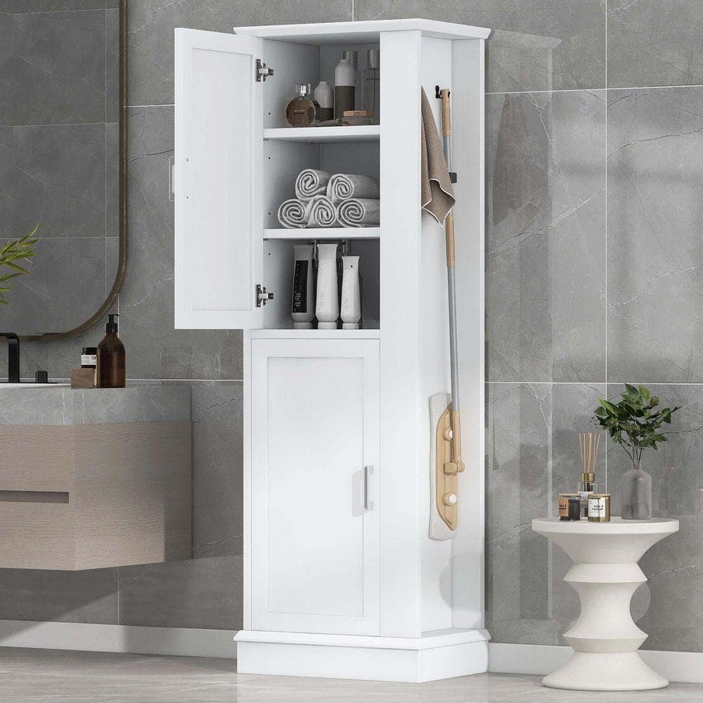 XUJMK 21 in. W x 14 in. D x 68 in. H White Linen Cabinet, Tall Bathroom Storage Cabinet with Hook, Adjustable Shelf, MDF Board (3)
