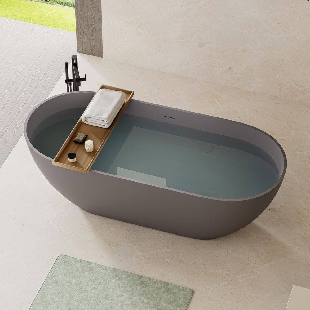 CASAINC 63 in. 29.53 in. Freestanding Flat Bottom Solid Surface Stone Soaking Bathtub with Center Drain (2)