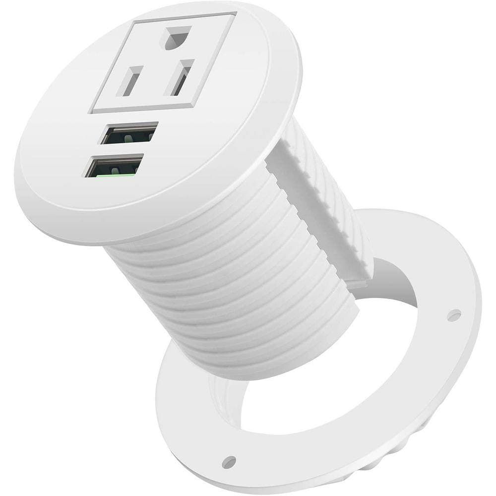 Ahfiwaso 1-Outlet AC Desktop Power Grommet with 2-USB Ports and 6.56 ft. Cable Fire Resistant in White (3)