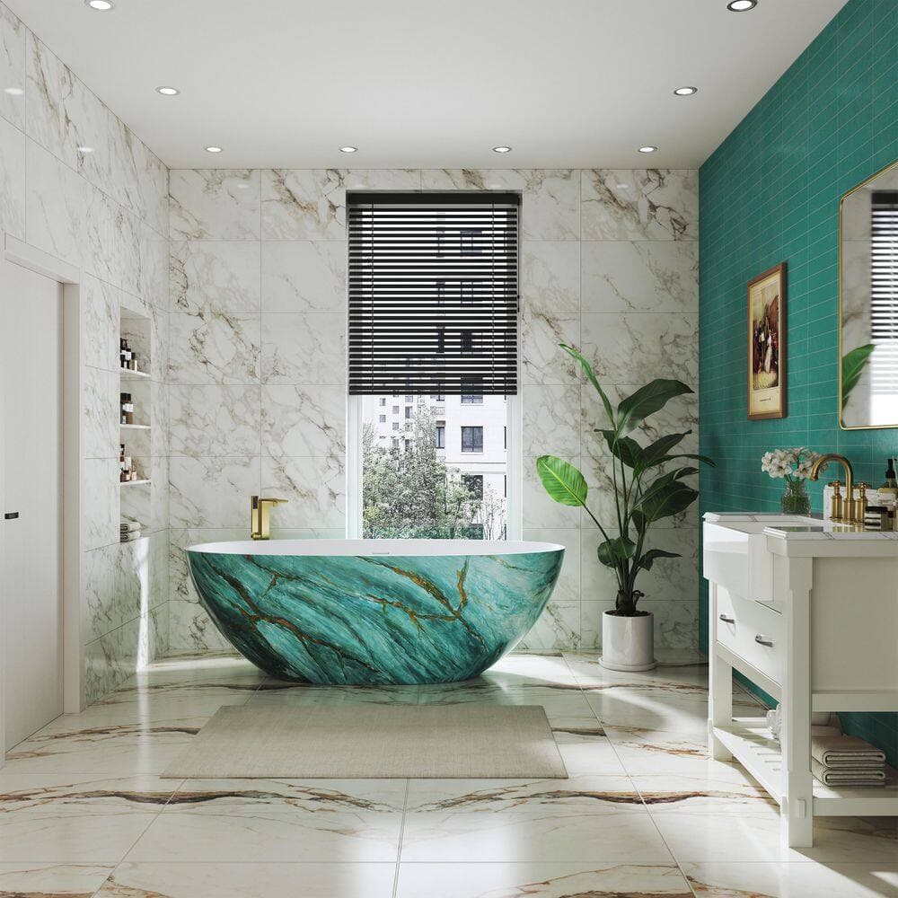 CASAINC 64.8 in. x 29.5 in. Freestanding Solid Surface Soaking Bathtub in Matte White and Green With Textured Finish (2)