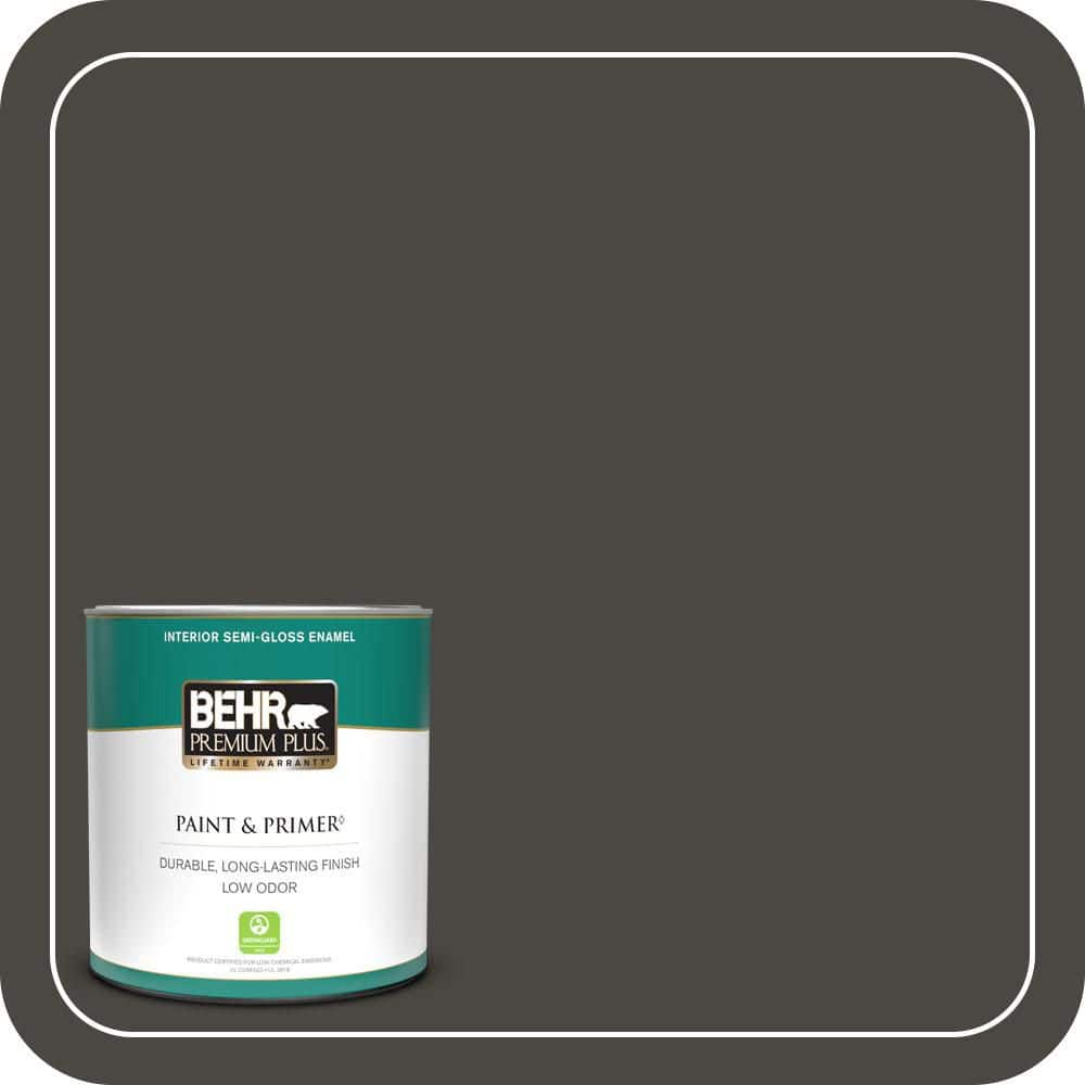 BEHR PREMIUM PLUS 1 qt. #PPU24-01 Black Mocha Semi-Gloss Enamel Low Odor Interior Paint & Primer