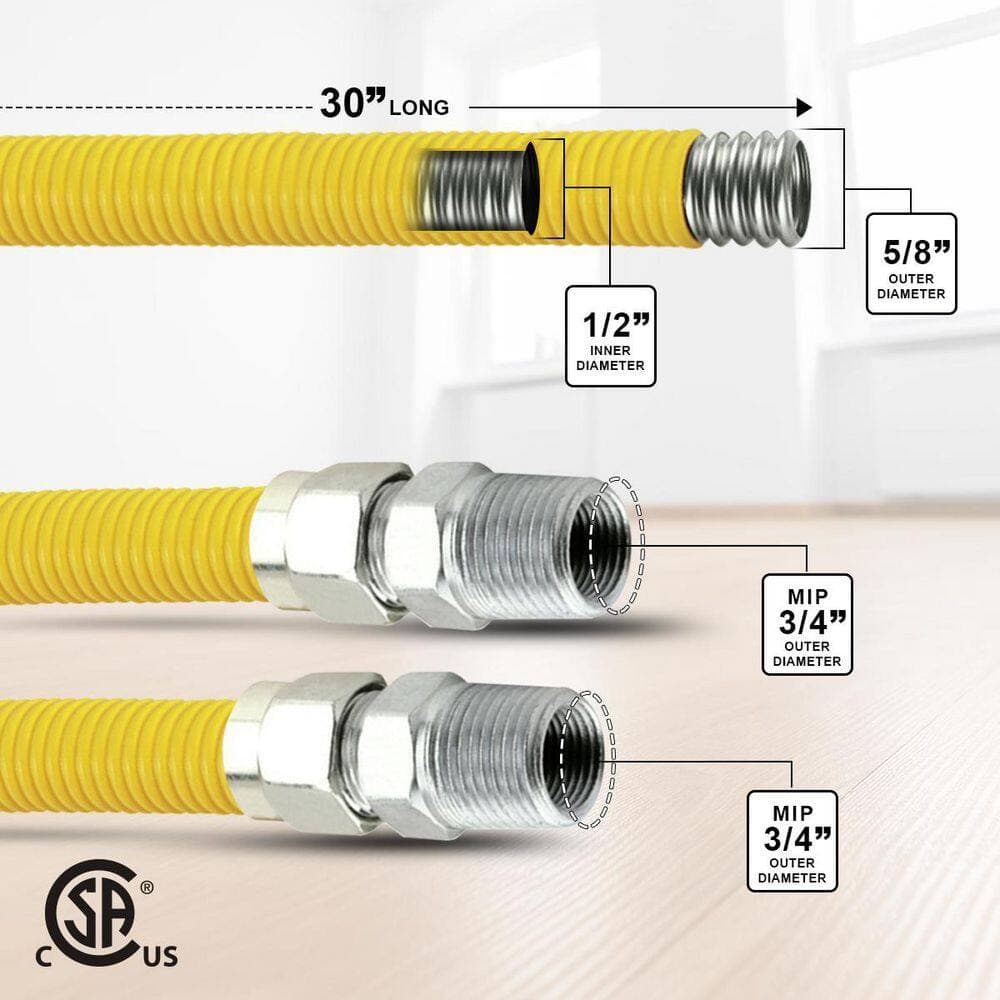 PLUMBFLEX 30 in. Gas Connector with Fittings, Yellow Coated Gas Connector, 5/8 in. OD, 3/4 in. MIP x 3/4 in. MIP Connection (2)