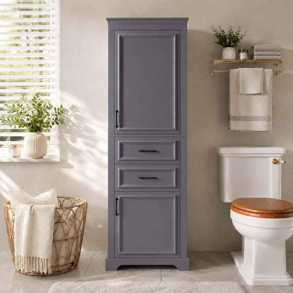 Bezeit 23.8 in. W x 15.7 in. D x 71 in. H Freestanding Linen Cabinet with 2-Doors and 2-Drawers in Charcoal Grey (1)