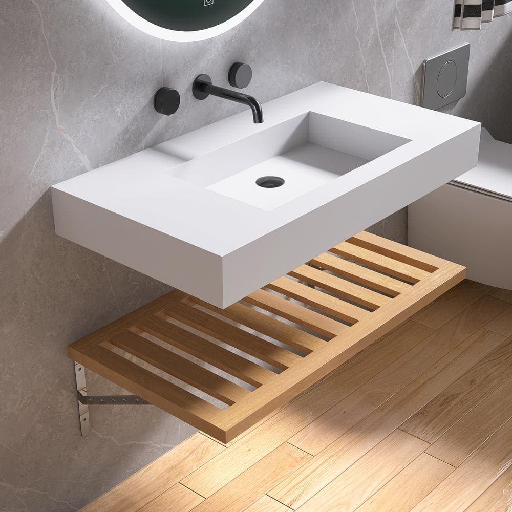 MEDUNJESS 35 in. x 19 in. x 4 in. White Solid Surface Wall-Mounted Bathroom Vessel Sink with Plywood Shelf (1)