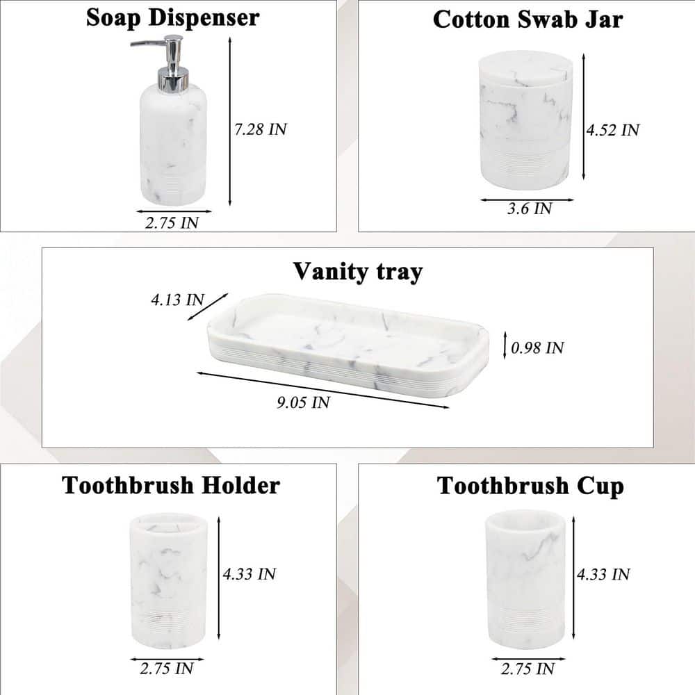 Numhew 6-Piece Bathroom Accessory Set with Soap Dispenser, Toothbrush Holder Set, Vanity Tray, Tumbler, Cotton Swab Jar, White (2)