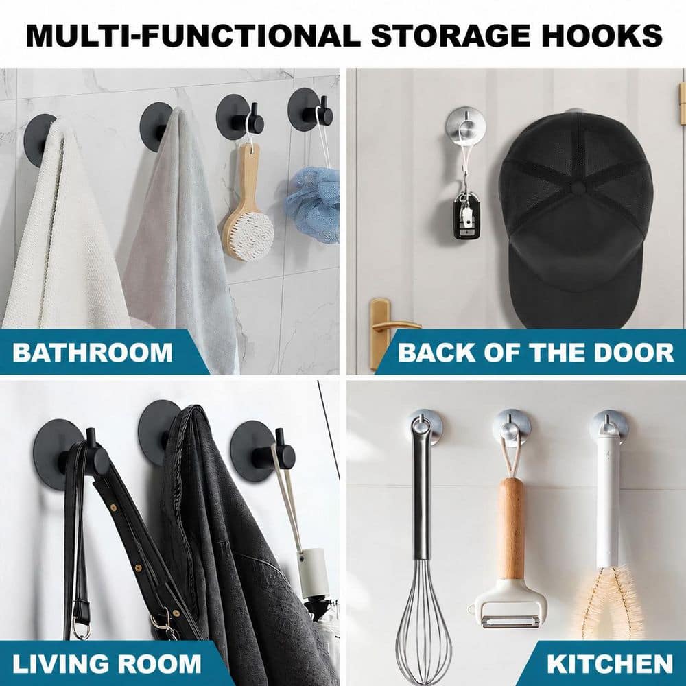 KHKFY Matte Black Adhesive Towel Hooks for Bathroom 4 Pack Inside Shower Anti Drop L Shaped Design Stainless (3)