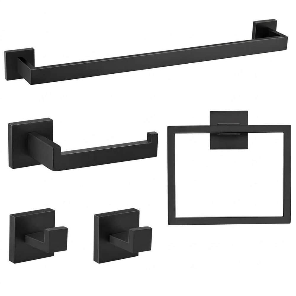 KHKFY 5-Piece Matte Black Stainless Steel Bathroom Hardware Set with 23.6 Inch Towel Bar, Wall Mounted (1)