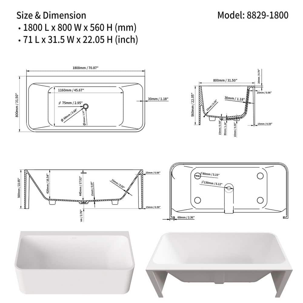 ACE DECOR 31.5 in. Solid Surface Stone Resin Freestanding Bath Tub, Soaking Bathtub with Center Drain (3)