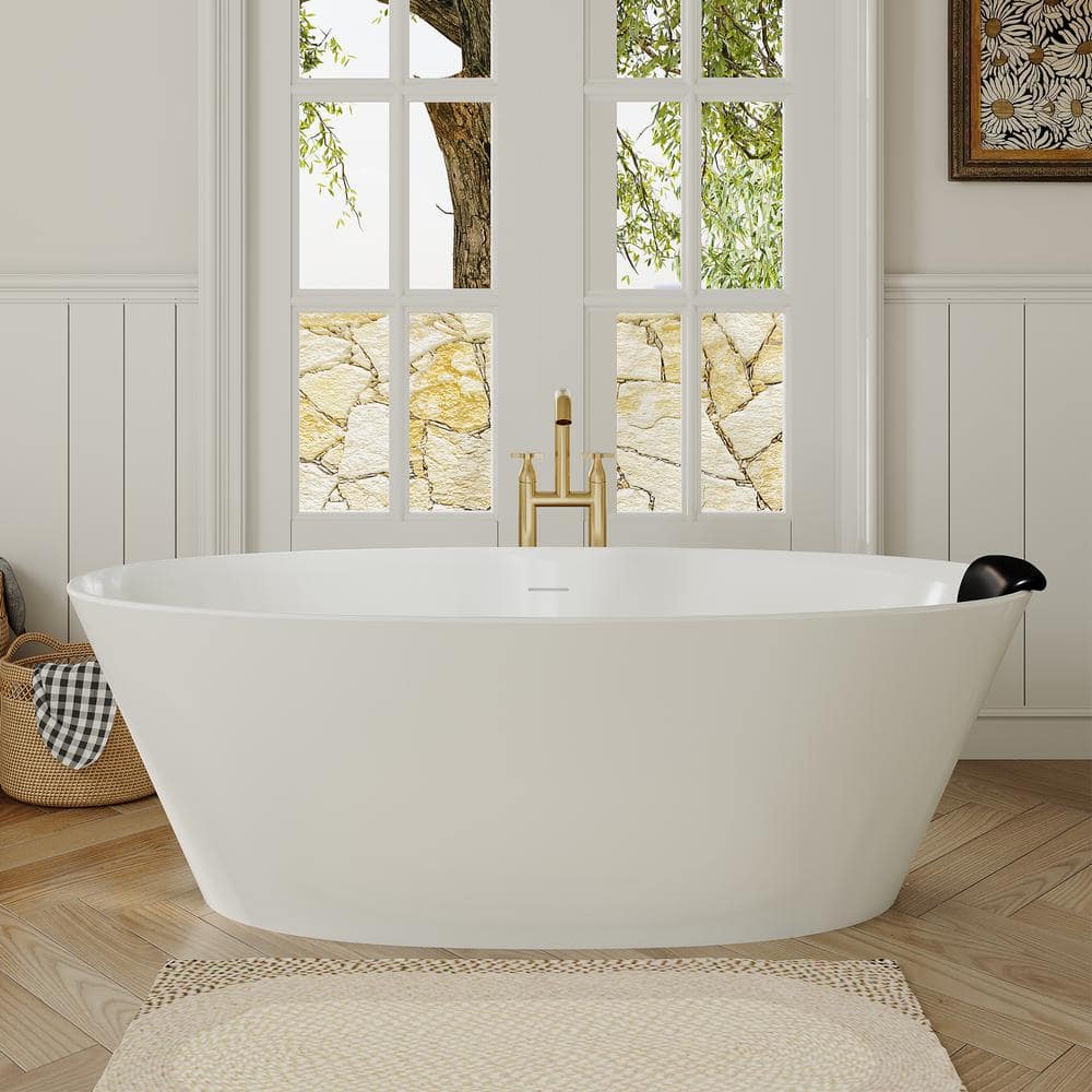 VANITYFUS 66.93 in. x 33.46 in. Stone Resin Solid Surface Freestanding Soaking Bathtub with Hose, Drain and Pillow in Matte White (2)