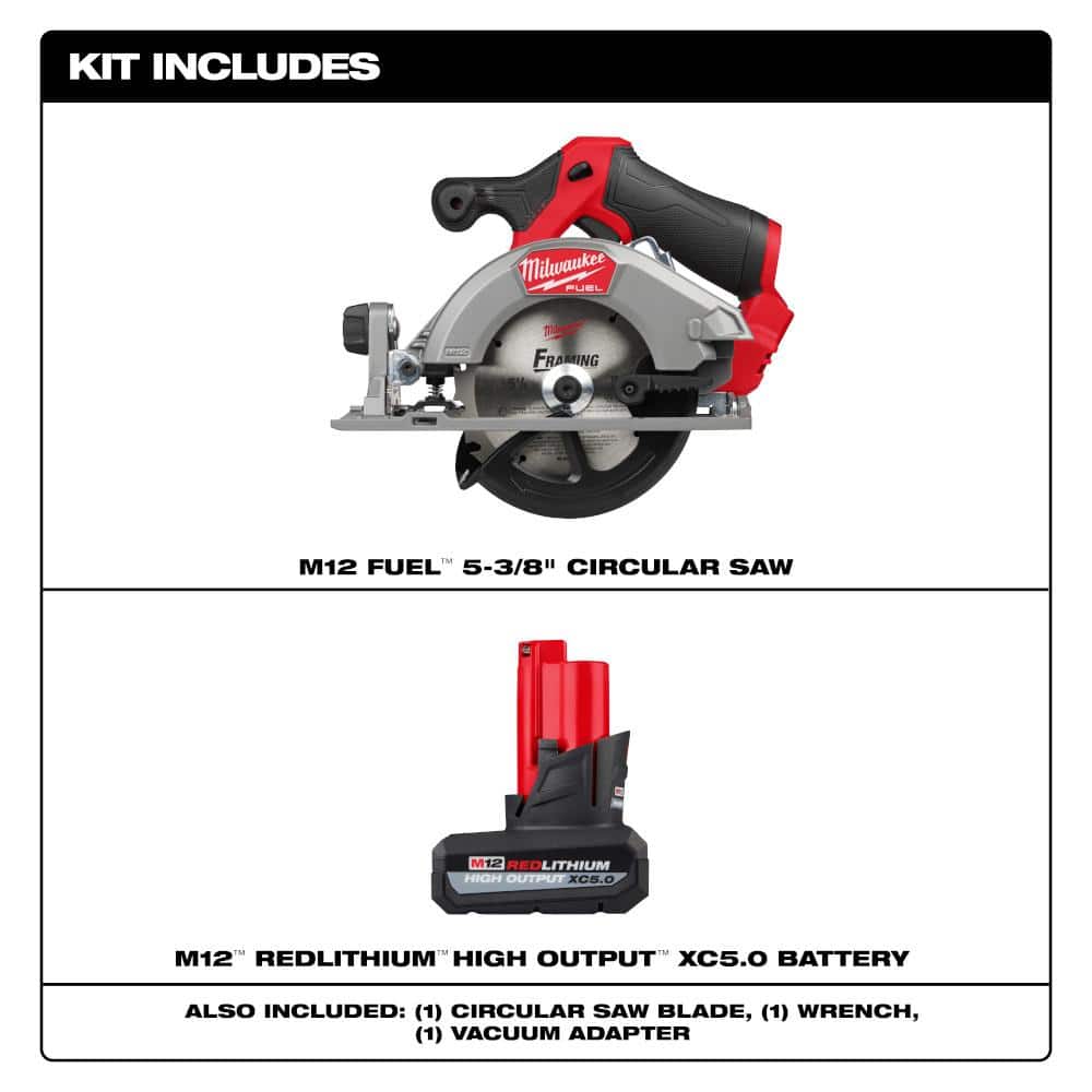 Milwaukee M12 FUEL 12V Lithium-Ion Brushless 5-3/8 in. Cordless Circular Saw w/ M12 12V XC High Output 5.0 Ah Battery Pack (2)