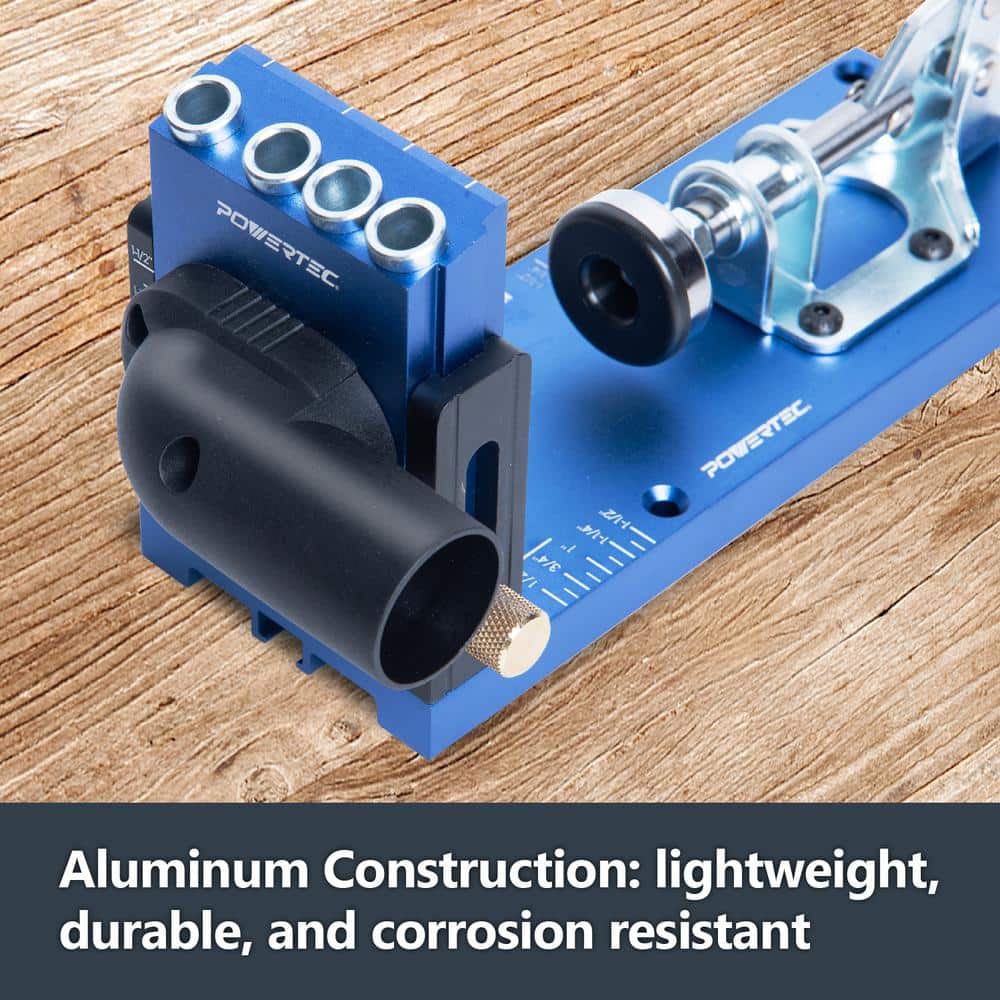‎POWERTEC Aluminum Pocket Hole Jig Set with 1-1/4 in. OD Dust Port, Drill Bit, Drill Stop, Toggle Clamp and Screws (3)
