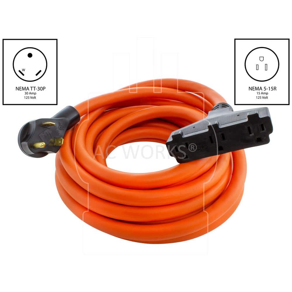 AC WORKS 25 ft. 10/3 TT-30P RV/Generator 30 Amp Plug to 3 Household Outlets Extension Cord (2)
