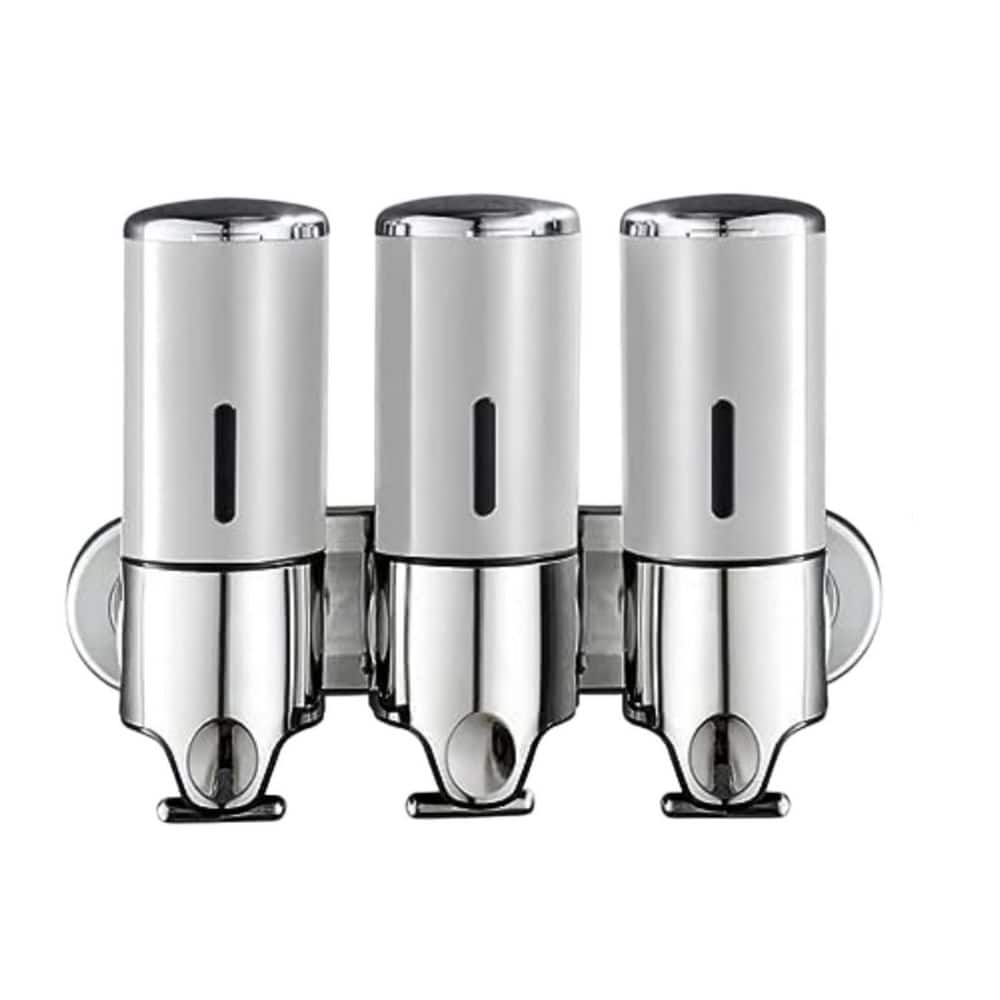 Wudkey 3 in 1 Chamber Wall Mounted Silver Bathroom Shower Pump Dispenser and Organizer for Shampoo, Soap and Conditioner (1)